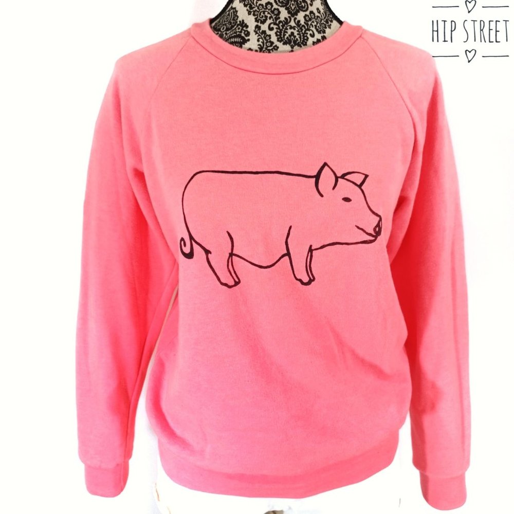 ROYAL APPAREL Hot Flamingo Pink Pig Graphic LS Sweatshirt L
